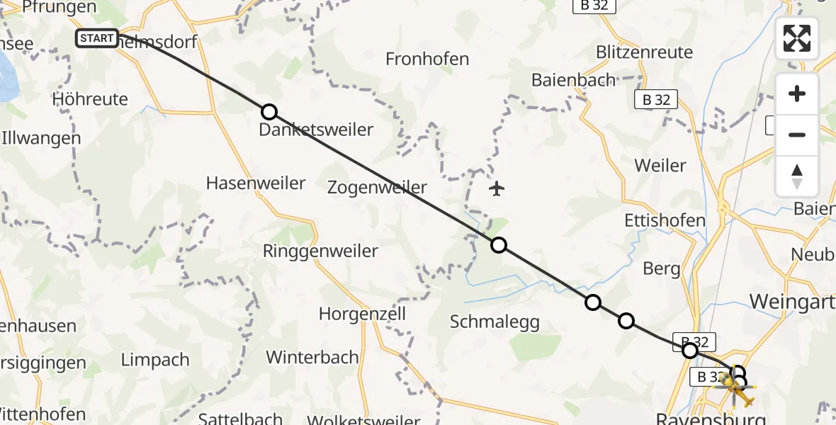 Flugroute Rettungshubschrauber Wilhelmsdorf - Sankt Elisabeth Hospital, 21 Juni 2026, 11:10