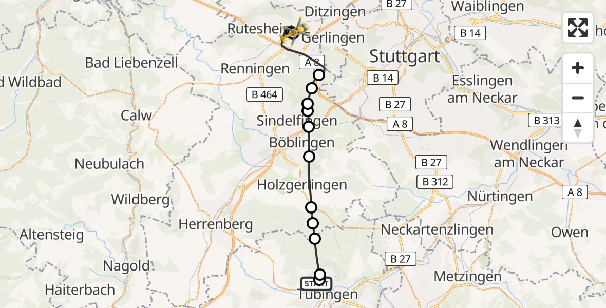 Flugroute Rettungshubschrauber Tübingen Trauma Hospital - Leonberg Hospital, 21 Juni 2026, 11:11