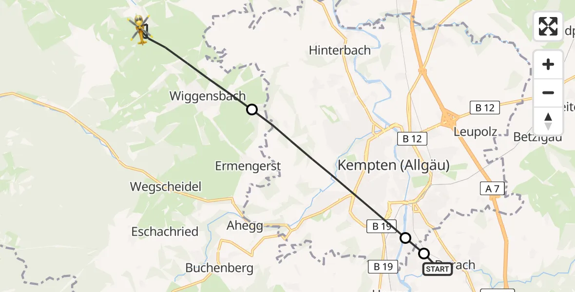 Flugroute Rettungshubschrauber Kempten-Durach Flugplatz - Wiggensbach, 21 Juni 2026, 11:13