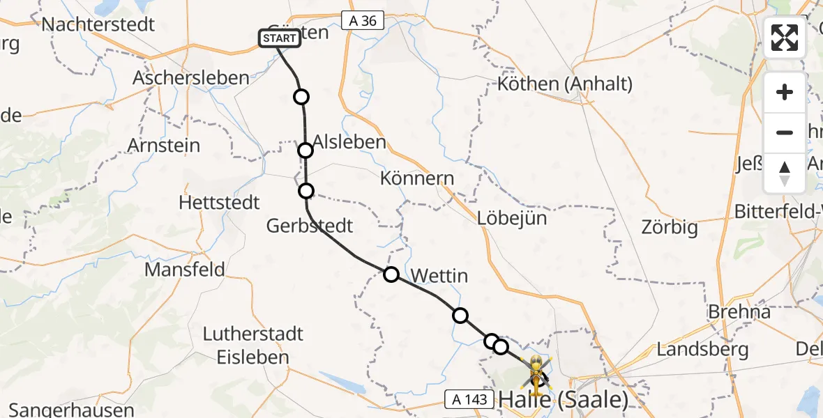 Flugroute Rettungshubschrauber Güsten - Halle (Saale) University Hospital, 21 Juni 2026, 11:14