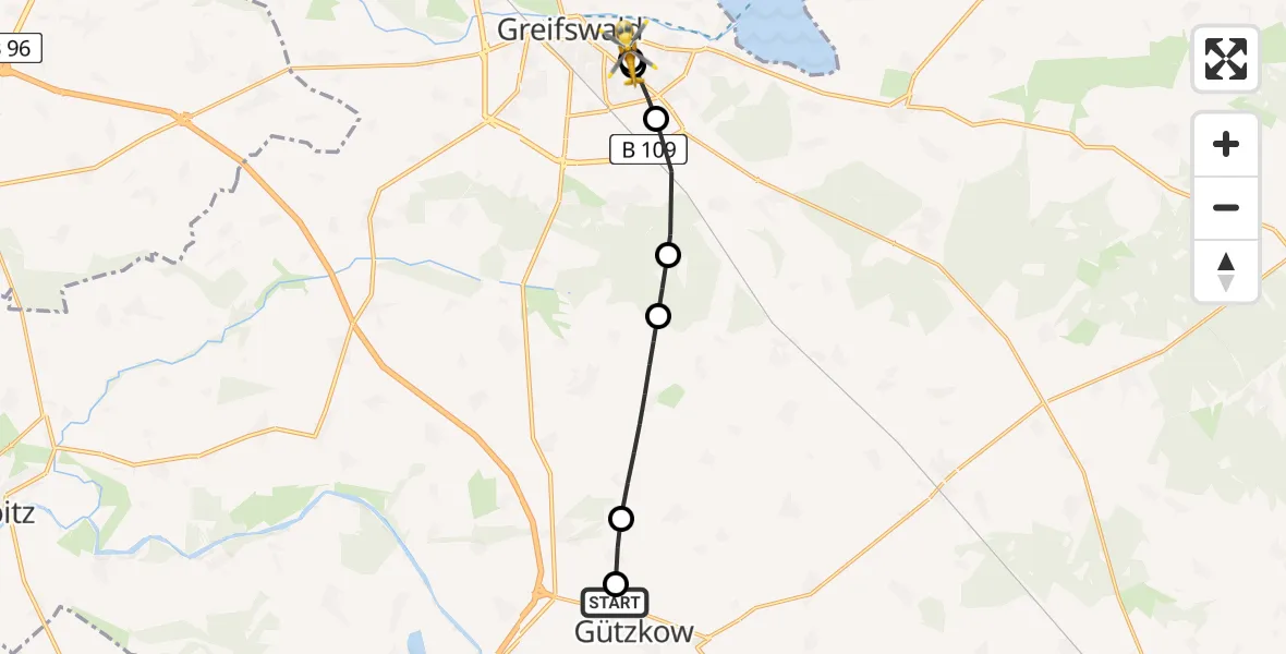 Flugroute Rettungshubschrauber Gützkow - Greifswald Hospital, 21 Juni 2026, 11:14