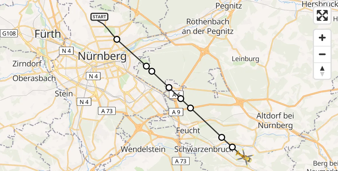Flugroute Rettungshubschrauber Flughafen Nuremberg - Burgthann, 21 Juni 2026, 11:17