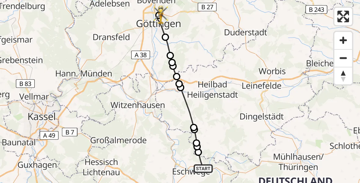 Flugroute Rettungshubschrauber Meinhard - Göttingen University Clinic Hubschrauberlandeplatz, 21 Juni 2026, 11:23