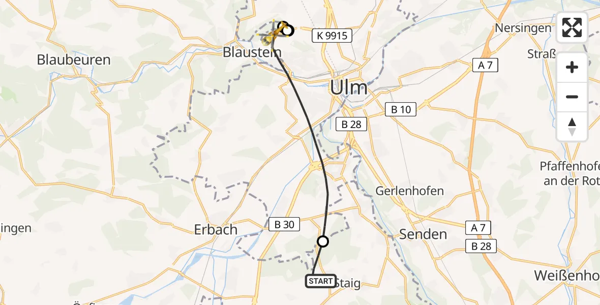 Flugroute Rettungshubschrauber Staig - Ulm, 21 Juni 2026, 11:24