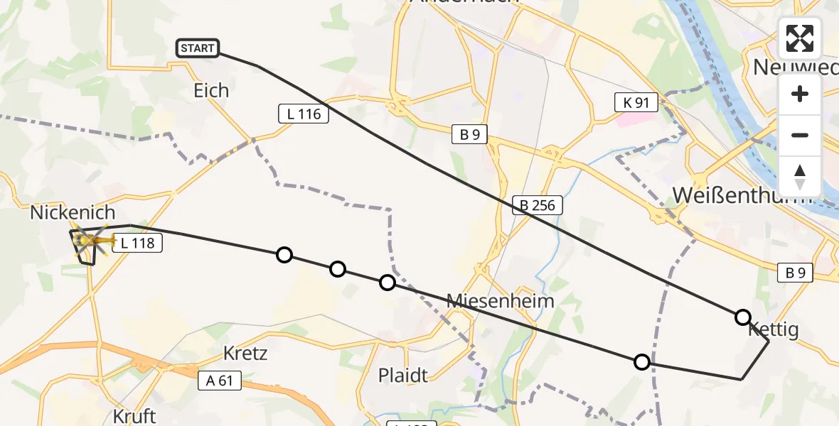 Flugroute Rettungshubschrauber Andernach - Nickenich, 21 Juni 2026, 11:24
