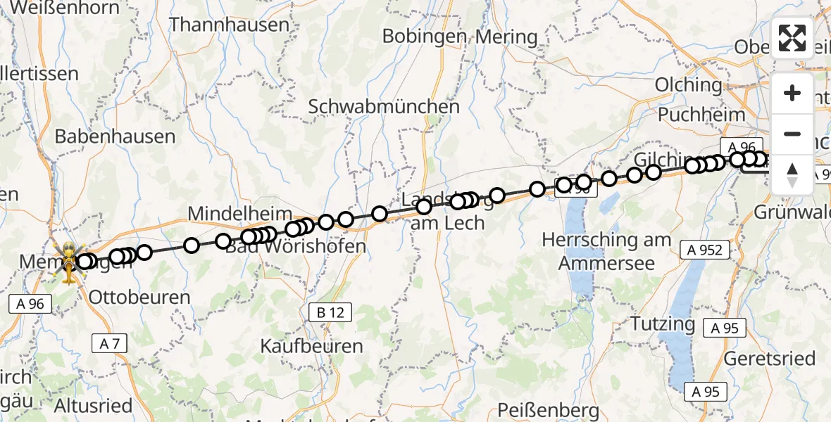 Flugroute Rettungshubschrauber DRF Air Rescue München Hubschrauberlandeplatz - Memmingen Hospital, 21 Juni 2026, 11:24