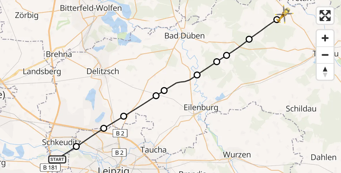 Flugroute Rettungshubschrauber Schkeuditz - Dommitzsch, 21 Juni 2026, 11:27