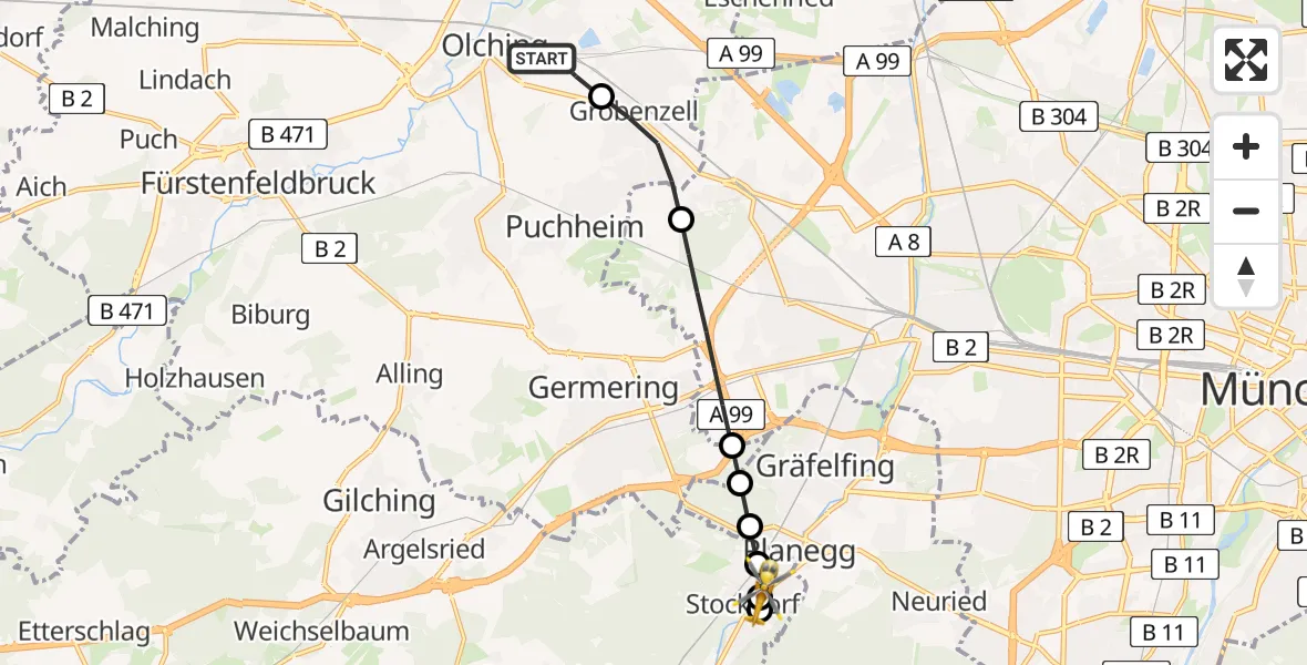 Flugroute Rettungshubschrauber Olching - Krailling, 21 Juni 2026, 11:28