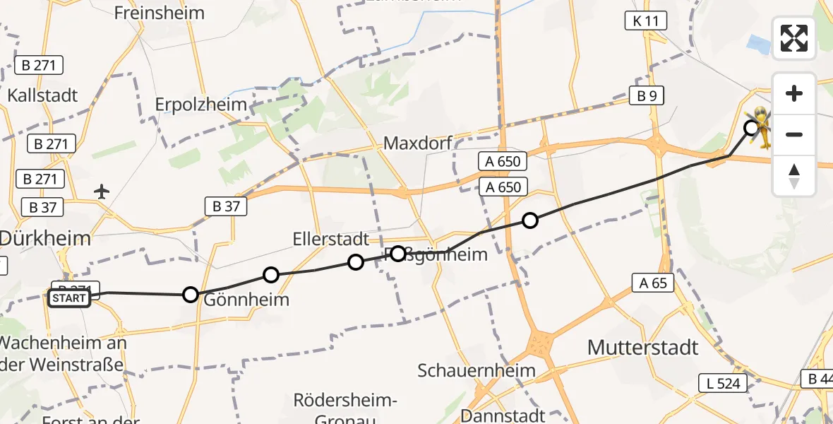 Flugroute Rettungshubschrauber Wachenheim an der Weinstraße - Ludwigshafen Accident Hospital, 21 Juni 2026, 11:28