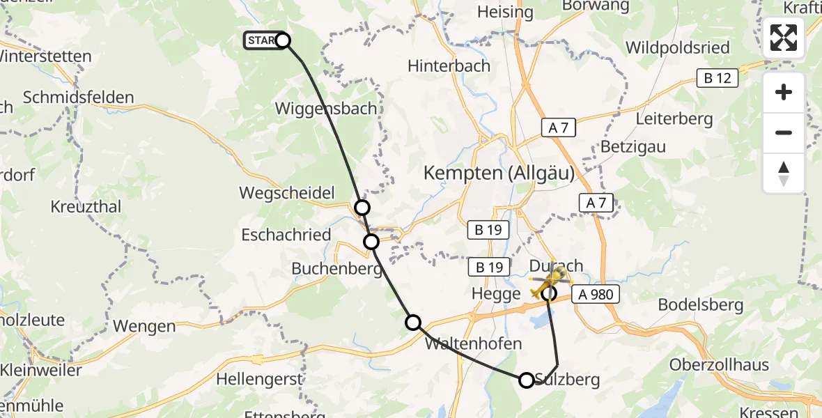 Flugroute Rettungshubschrauber Altusried - Kempten-Durach Flugplatz, 21 Juni 2026, 11:32
