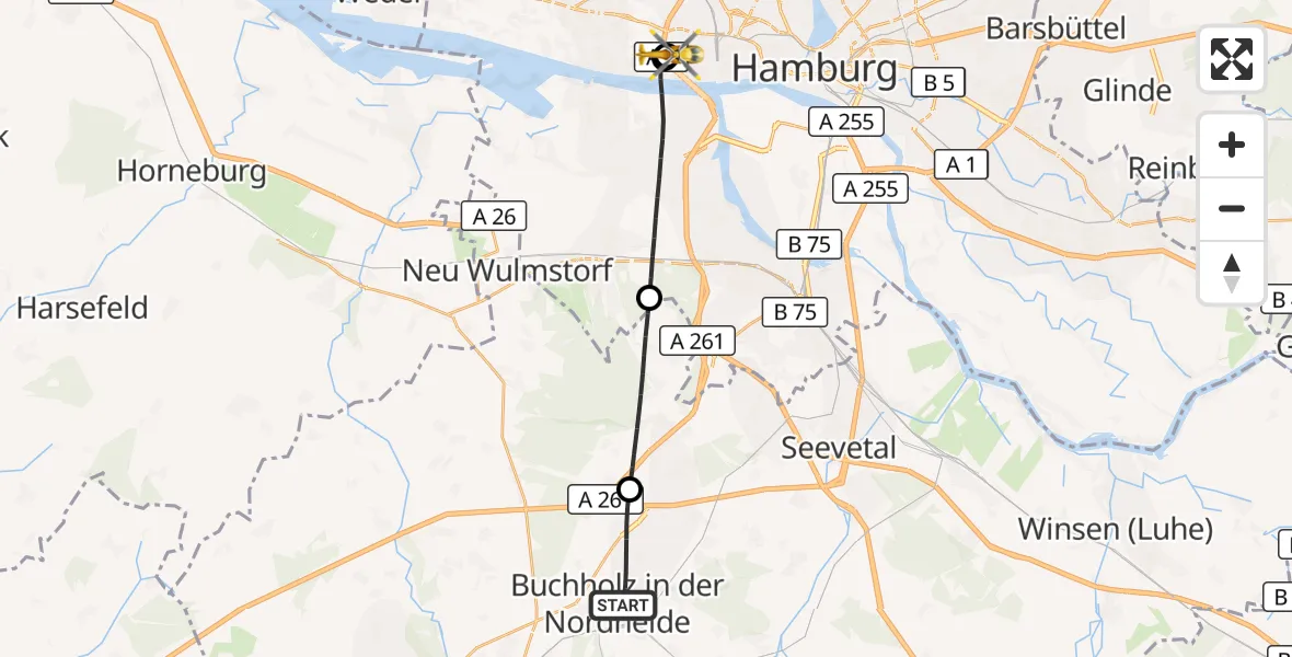 Flugroute Ambulanzhubschrauber Buchholz in der Nordheide - Asklepios Hospital Altona, 21 Juni 2026, 11:45