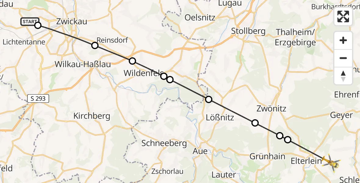 Flugroute Rettungshubschrauber ADAC Air Rescue Station Zwickau Hubschrauberlandeplatz - Elterlein, 21 Juni 2026, 11:46