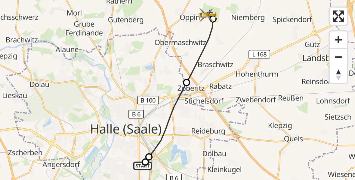 Flugroute Rettungshubschrauber BG Hospital Bergmannstrost Halle - Halle-Oppin Flugplatz, 21 Juni 2026, 11:46