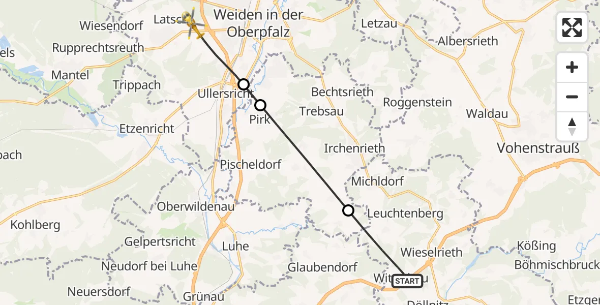 Flugroute Rettungshubschrauber Leuchtenberg - Weiden i.d.OPf., 21 Juni 2026, 11:47