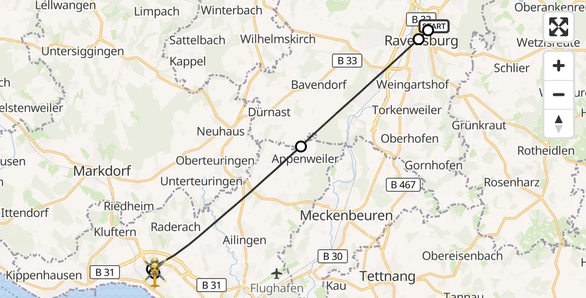 Flugroute Rettungshubschrauber Sankt Elisabeth Hospital - Friedrichshafen Hospital, 21 Juni 2026, 11:48