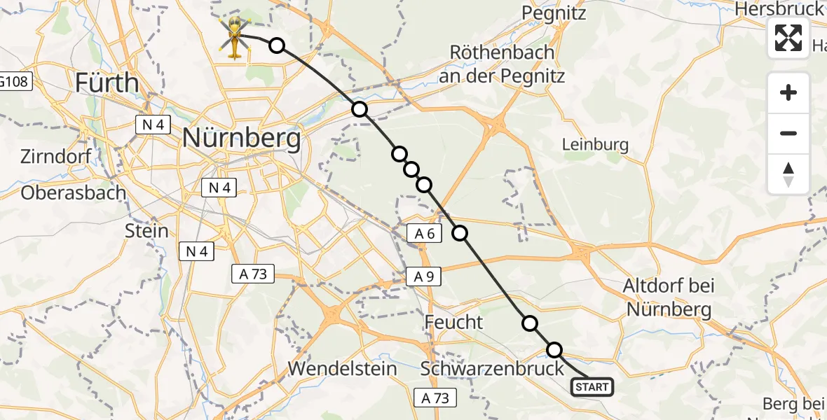Flugroute Rettungshubschrauber Burgthann - Flughafen Nuremberg, 21 Juni 2026, 12:01