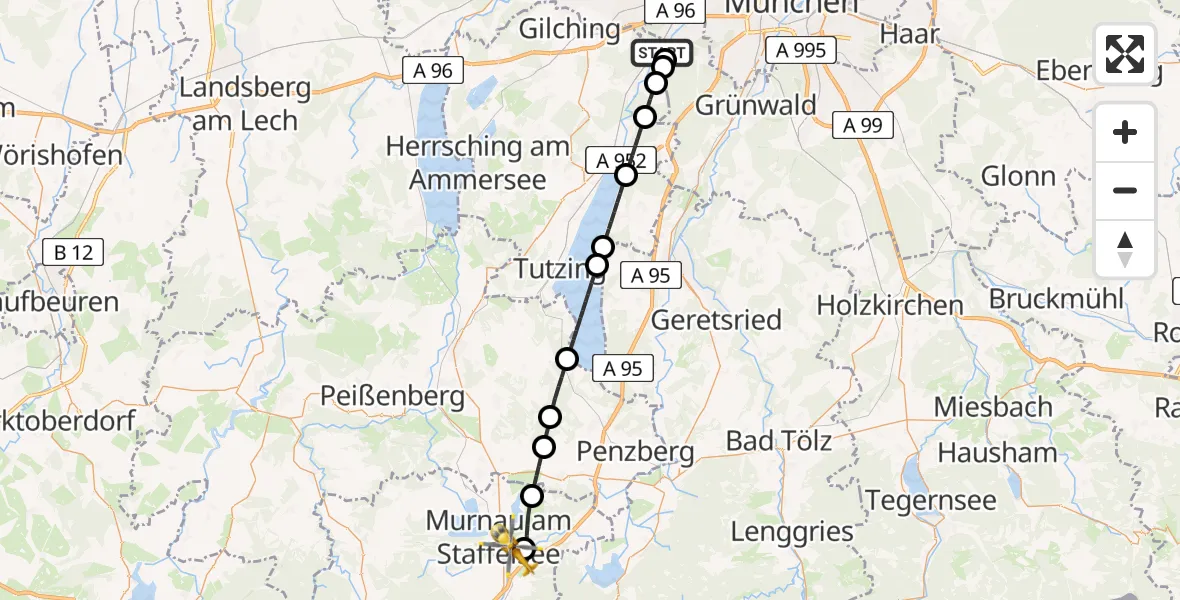 Flugroute Rettungshubschrauber Krailling - Murnau a.Staffelsee, 21 Juni 2026, 12:04