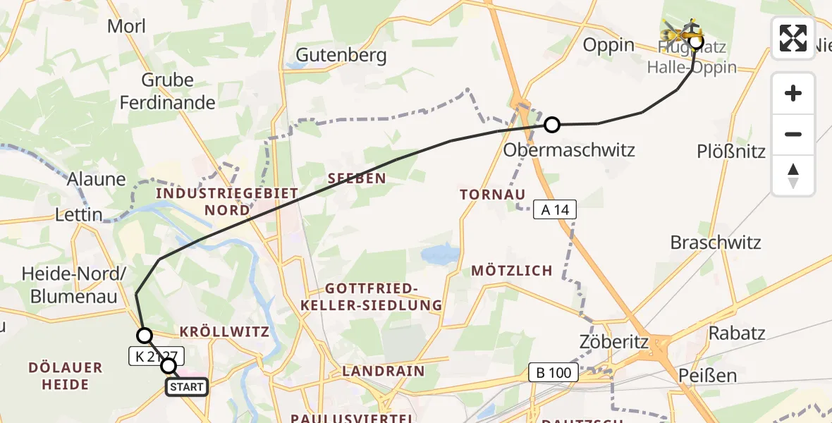 Flugroute Rettungshubschrauber Halle (Saale) University Hospital - Halle-Oppin Flugplatz, 21 Juni 2026, 12:06