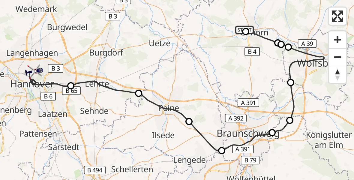 Flugroute Polizeihubschrauber Gifhorn Bundespolizei Hubschrauberlandeplatz - Hannover, 21 Juni 2026, 12:07