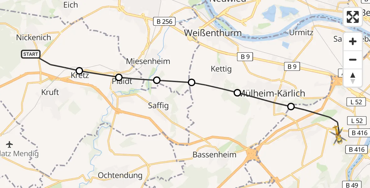 Flugroute Rettungshubschrauber Nickenich - Koblenz, 21 Juni 2026, 12:12