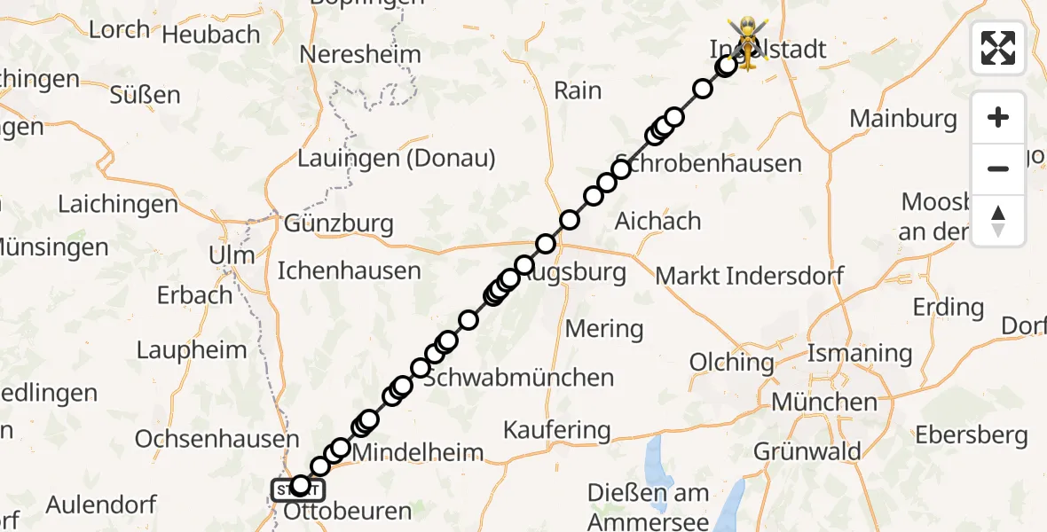 Flugroute Rettungshubschrauber Memmingen Hospital - Ingolstadt Hospital, 21 Juni 2026, 12:13