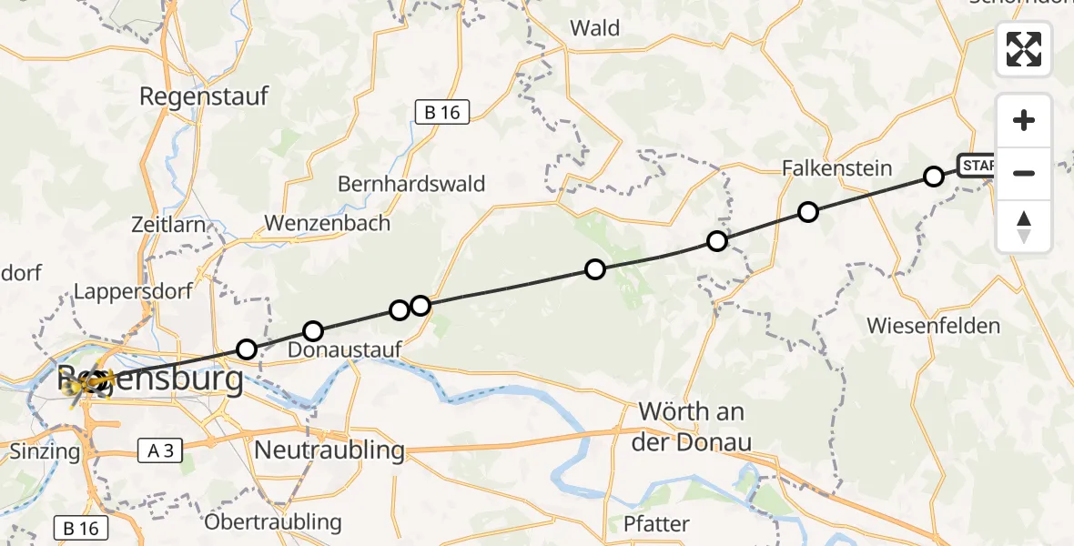 Flugroute Rettungshubschrauber Michelsneukirchen - Barmherzige Brüder (Brothers of Mercy) Hospital Regensburg, 21 Juni 2026, 12:14