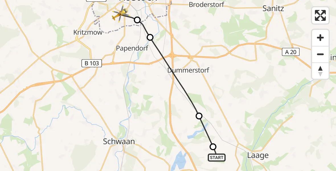 Flugroute Rettungshubschrauber Flughafen Rostock-Laage - Rostock, 21 Juni 2026, 12:19