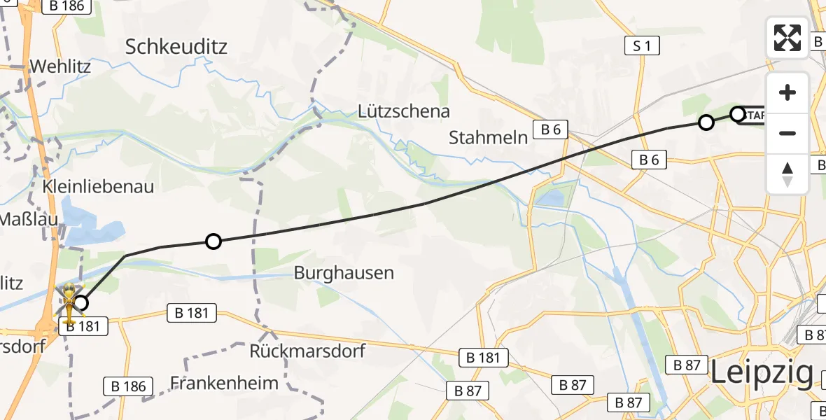 Flugroute Rettungshubschrauber Sankt Georg Hospital Leipzig Reserve - ADAC Air Rescue Station Leipzig/Schkeuditz-Dölzig Hubschrauberlandeplatz (Christoph 61), 21 Juni 2026, 12:24