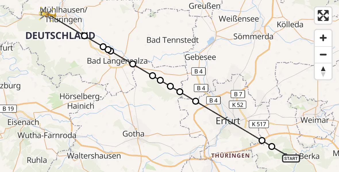 Flugroute Ambulanzhubschrauber Bad Berka - Mühlhausen/Thüringen, 21 Juni 2026, 12:24