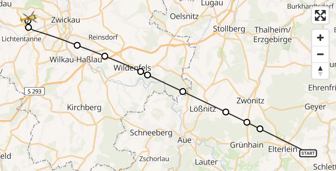 Flugroute Rettungshubschrauber Elterlein - ADAC Air Rescue Station Zwickau Hubschrauberlandeplatz, 21 Juni 2026, 12:25