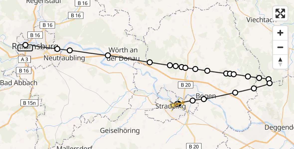 Flugroute Rettungshubschrauber Barmherzige Brüder (Brothers of Mercy) Hospital Regensburg - Sankt Elisabeth Hospital Straubing, 21 Juni 2026, 12:32
