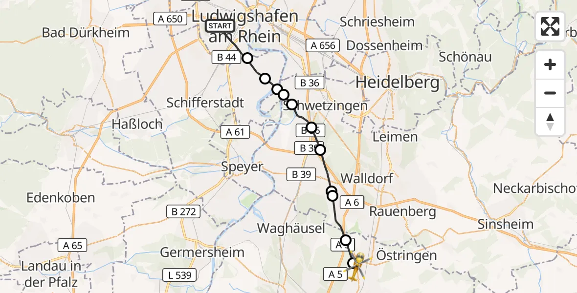 Flugroute Rettungshubschrauber Ludwigshafen am Rhein - Bad Schönborn, 21 Juni 2026, 12:33