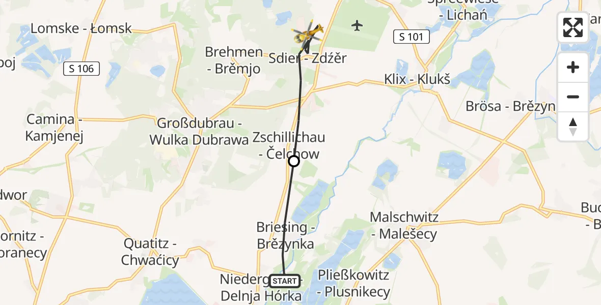 Flugroute Rettungshubschrauber Malschwitz - Großdubrau, 21 Juni 2026, 12:38