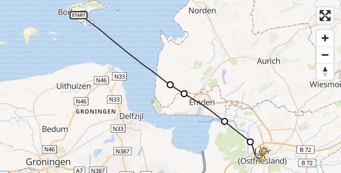 Flugroute Ambulanzhubschrauber Noordzee - Leer (Ostfriesland), 21 Juni 2026, 12:43