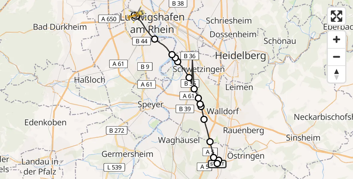 Flugroute Rettungshubschrauber Bad Schönborn - Ludwigshafen Accident Hospital, 21 Juni 2026, 12:47