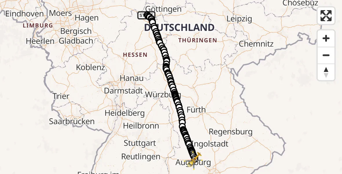 Flugroute Rettungshubschrauber Kassel Flughafen - Augsburg Flughafen, 21 Juni 2026, 12:50