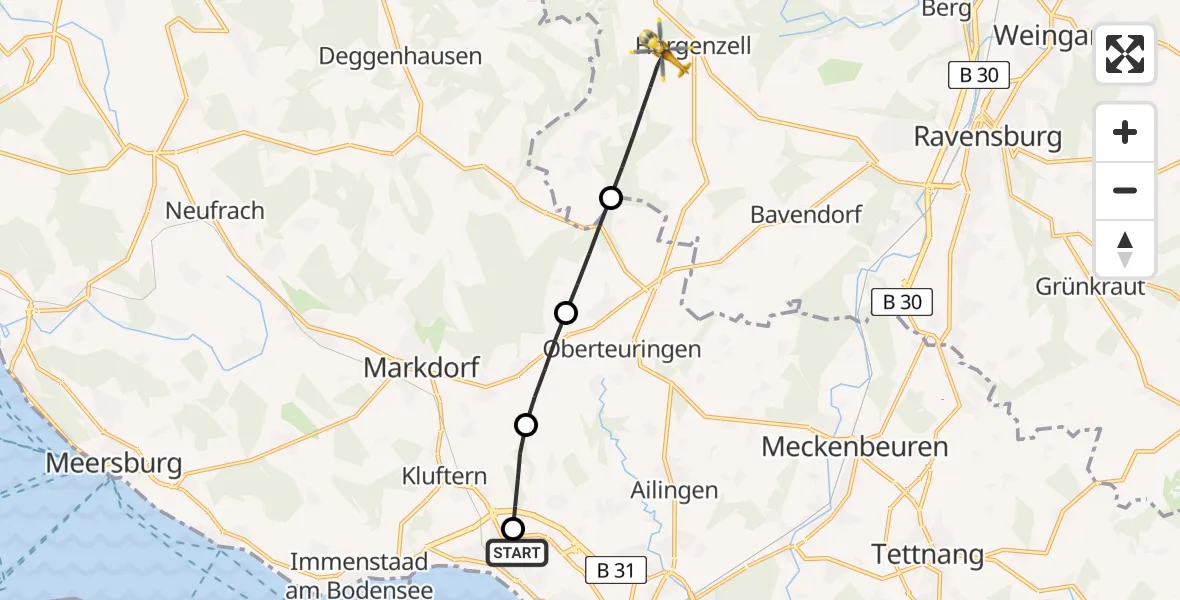 Flugroute Rettungshubschrauber Friedrichshafen Hospital - Horgenzell, 21 Juni 2026, 12:56