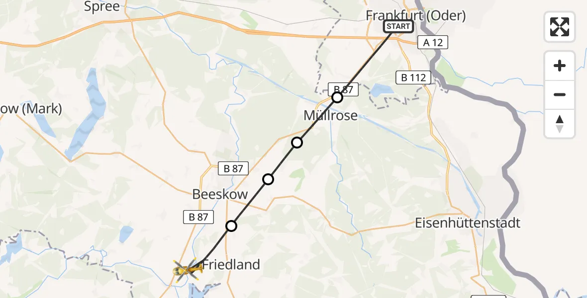 Flugroute Rettungshubschrauber Frankfurt (Oder) - Friedland, 21 Juni 2026, 12:57