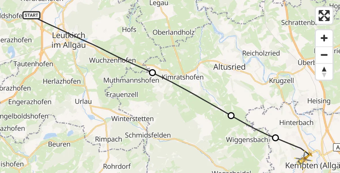 Flugroute Rettungshubschrauber Leutkirch im Allgäu - Kempten (Allgäu), 21 Juni 2026, 12:57
