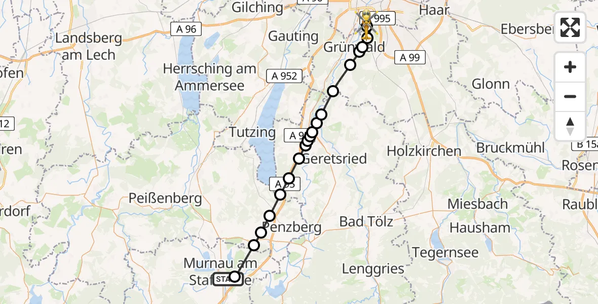 Flugroute Rettungshubschrauber Murnau a.Staffelsee - ADAC Air Rescue Center Hubschrauberlandeplatz (Christoph 1), 21 Juni 2026, 12:57
