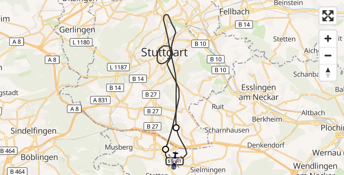 Flugroute Polizeihubschrauber Flughafen Stuttgart - Flughafen Stuttgart, 21 Juni 2026, 13:09
