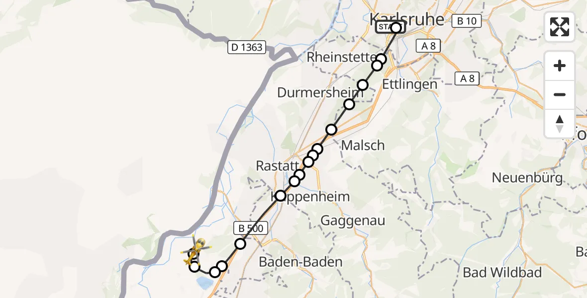 Flugroute Ambulanzhubschrauber Sankt Vincentius Hospital - Karlsruhe Baden-Baden Flughafen, 21 Juni 2026, 13:10