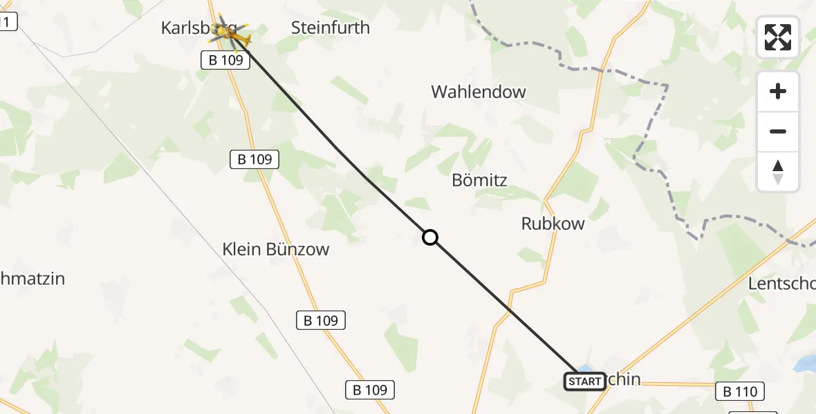 Flugroute Rettungshubschrauber Murchin - Karlsburg, 21 Juni 2026, 13:11