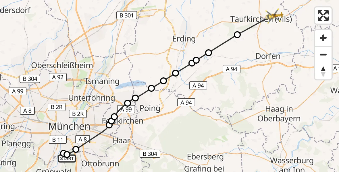 Flugroute Rettungshubschrauber Perlacher Forst - Taufkirchen (Vils), 21 Juni 2026, 13:15