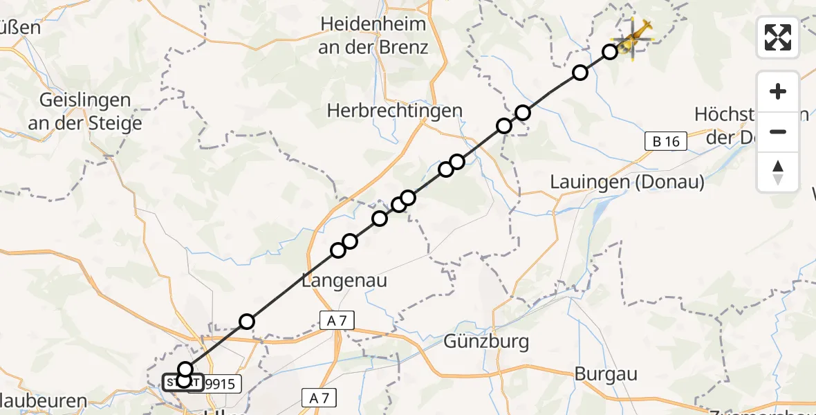 Flugroute Rettungshubschrauber Ulm Military Hospital Emergency - Dischingen, 21 Juni 2026, 13:16