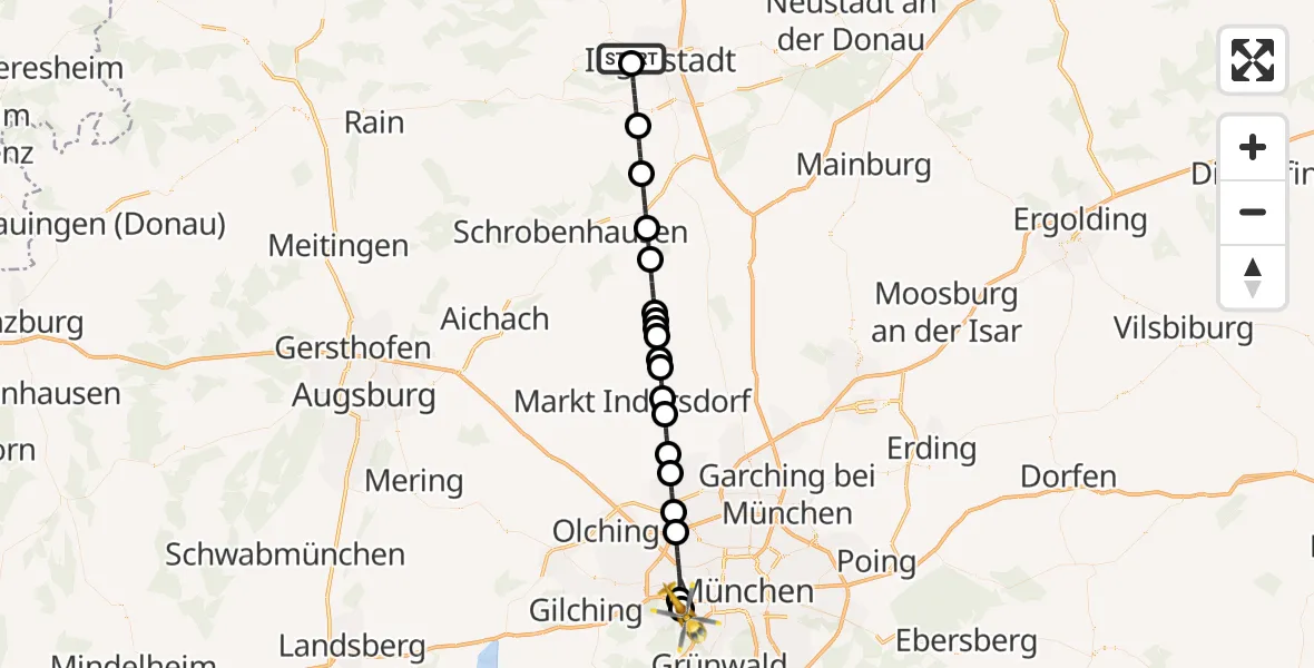 Flugroute Rettungshubschrauber Ingolstadt Hospital - DRF Air Rescue München Hubschrauberlandeplatz, 21 Juni 2026, 13:19