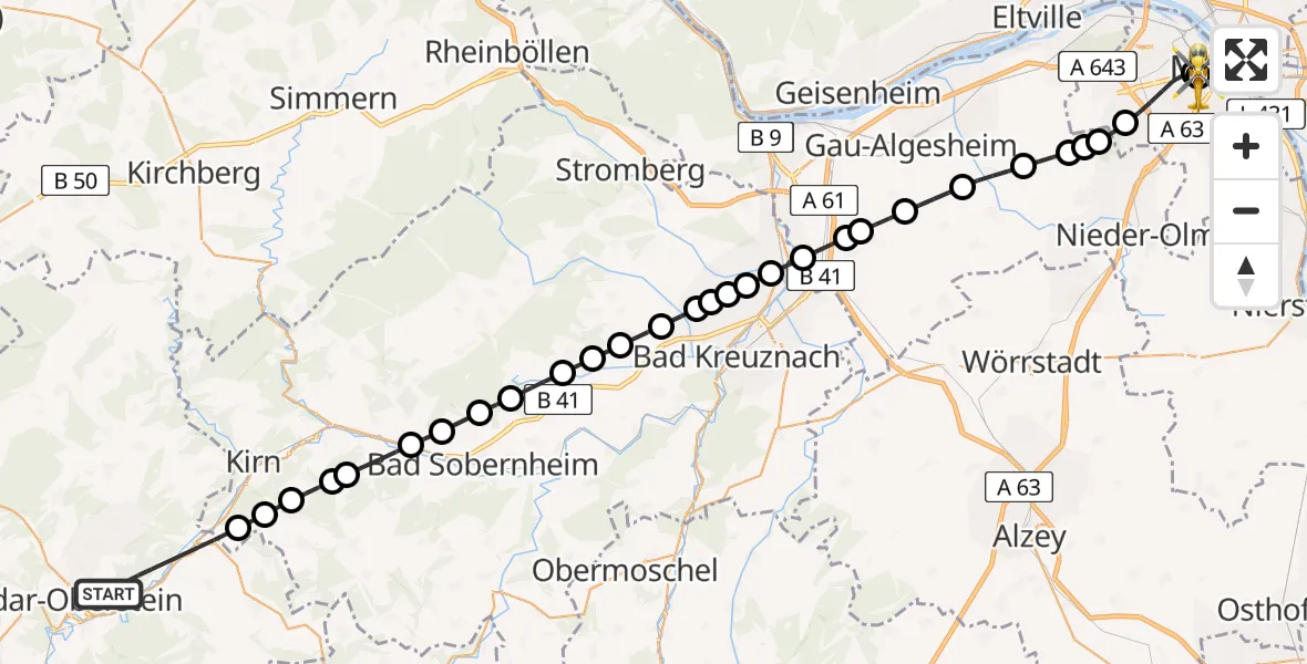 Flugroute Rettungshubschrauber Idar-Oberstein - Mainz University Hospital, 21 Juni 2026, 13:21