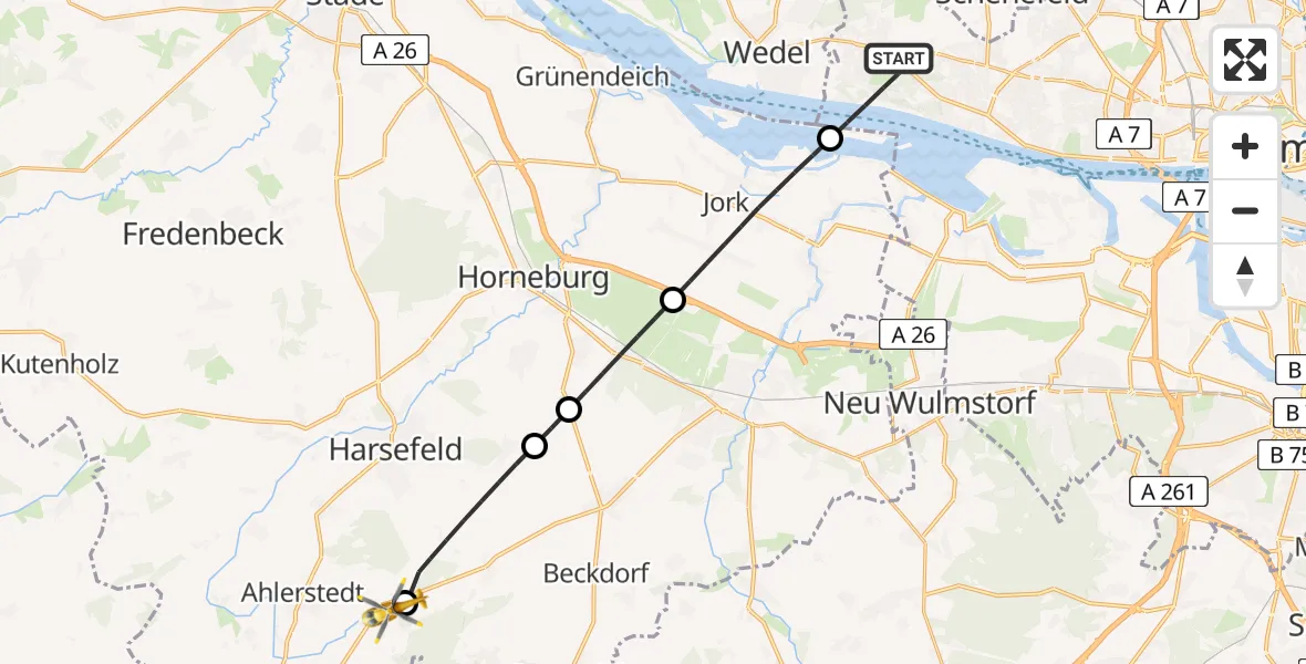 Flugroute Rettungshubschrauber Hamburg - Ahlerstedt, 21 Juni 2026, 13:25