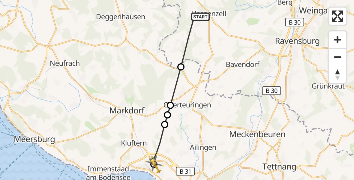 Flugroute Rettungshubschrauber Horgenzell - Friedrichshafen Hospital, 21 Juni 2026, 13:25
