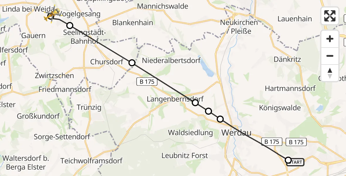 Flugroute Rettungshubschrauber ADAC Air Rescue Station Zwickau Hubschrauberlandeplatz - Linda b.Weida, 21 Juni 2026, 13:33